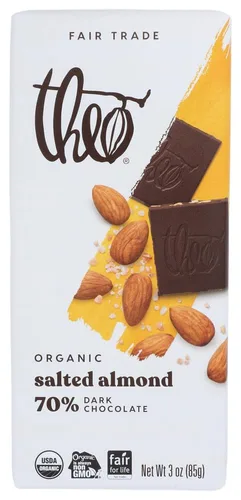 Barras de chocolate negro orgánico con almendra salada Theo, 70% cacao, paquete de 6 unidades | Vegano, comercio justo
