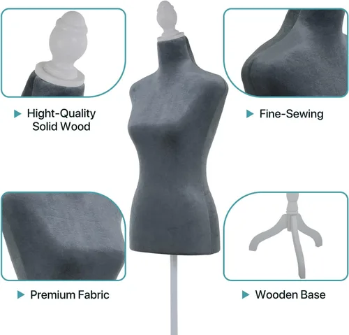 Miniatura 4 de Maniquí femenino de torso y cuerpo de maniquí con forma de maniquí de altura ajustable de 49.6 a 63.4 pulgadas con trípode de madera para ventana