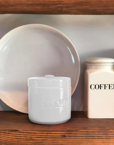 Miniatura 4 de Fox Run Recipiente de grasa de tocino de porcelana con colador, contenedor de grasa blanco para cocina, 5 x 5 x 5.5 pulgadas