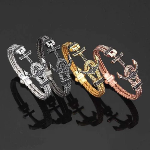Miniatura 6 de Brazalete de ancla para hombre con ancla de acero inoxidable y correa de piel negra BCB-0125