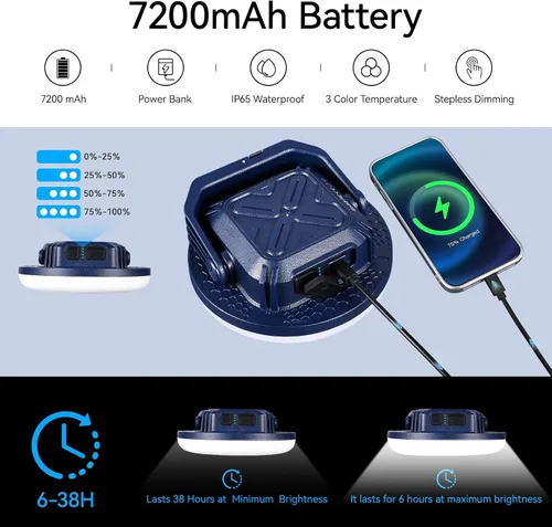 Miniatura 2 de VAVOFO Linterna LED de Campamento Recargable de 30W, 3000LM, 124 LED con 3 Modos de Iluminación, Luz Portátil para Tienda de 7200mAh con Imán