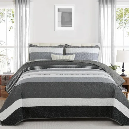 Dinjoy Juego de edredón bohemio tamaño matrimonial, 3 piezas de edredón a rayas gris oscuro, juego de ropa de cama acolchado de microfibra suave con