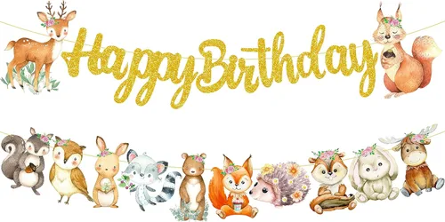 Miniatura 2 de Cartel de feliz cumpleaños de animales del bosque, decoraciones de criaturas del bosque, 2 piezas de pancartas recortadas de animales del bosque