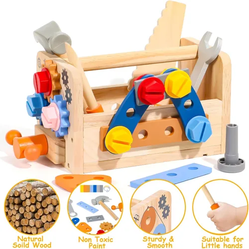Miniatura 5 de TONZE Juego de herramientas para niños con delantal, caja de banco de herramientas de madera para niños pequeños, juguetes Montessori para niños