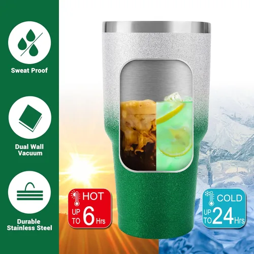 Miniatura 4 de D·S Vaso de 30 onzas con purpurina verde de Navidad con gradiente de acero inoxidable de doble pared aislada al vacío con popote y tapa, cepillo
