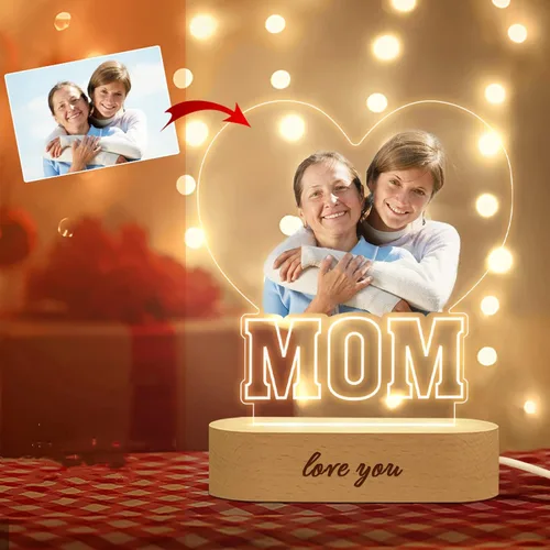 Miniatura 10 de Luz nocturna de acrílico con foto personalizada y nombre, regalo para el día de la madre, lámpara de noche 3D con base de madera personalizada