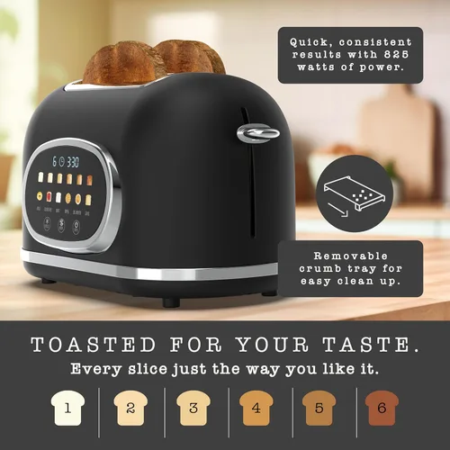 Miniatura 5 de Rae Dunn Tostadora eléctrica digital retro, tostadora de acero inoxidable de 2 rebanadas con pantalla táctil, temporizador de cuenta regresiva, 6