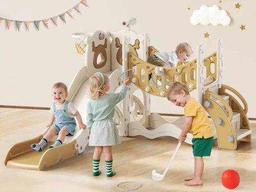 Miniatura 11 de Tobogán para niños, juego 10 en 1 para niños pequeños, nueva actualización con tobogán para niños, tabla de dibujo, juego de golf, aro de baloncesto