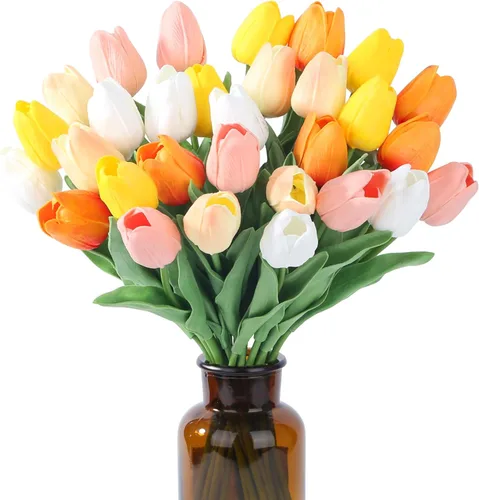 Miniatura 38 de SITUMEIZI 15 piezas de flores blancas artificiales, tulipanes artificiales de poliuretano de 14 pulgadas a granel para el hogar, cocina, Pascua