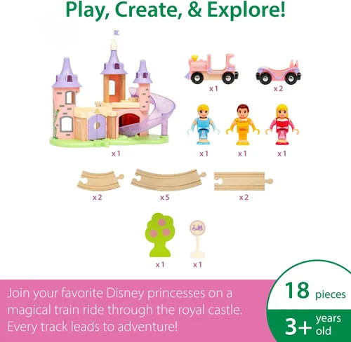 Miniatura 3 de BRIO World Disney Princess Castle - Juego de tren de madera de 18 piezas con certificación FSC y accesorios, incluye figuras de princesa de Disney