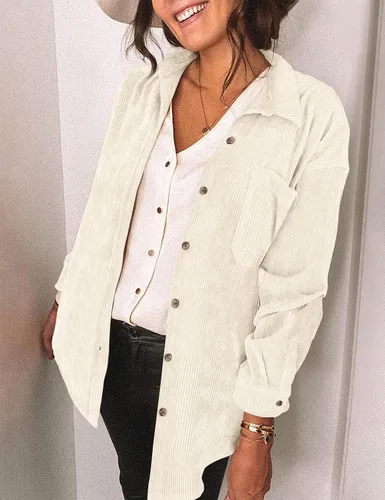 Miniatura 3 de Saslax Camisa de pana para mujer, de manga larga, con botones, cuello en V, holgada, chaqueta