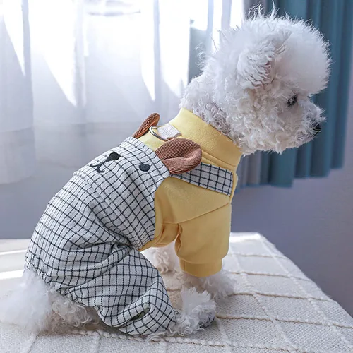 Miniatura 12 de Ropa de invierno para perros, camisas a cuadros para mascotas, elegante mono con babero para perros pequeños, lindos dibujos animados, monos