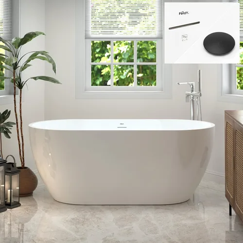 Miniatura 19 de FerdY 59" Bañera de acrílico independiente Bali Elite, bañera independiente de inmersión con forma elegante, certificada cUPC, desagüe negro Toe-Tap