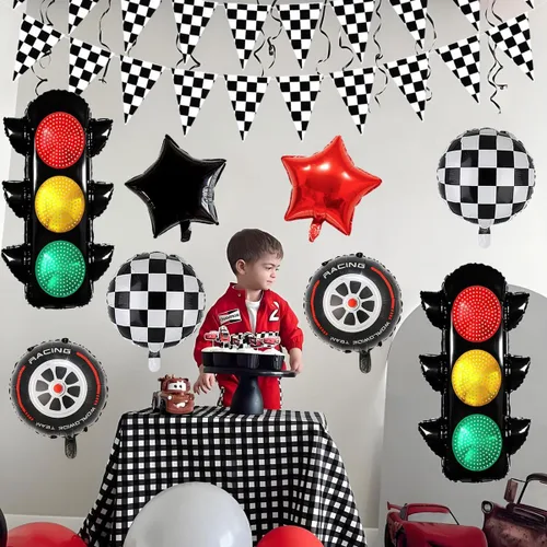 Miniatura 4 de Globos de carreras para decoración de fiesta de cumpleaños, globos de semáforo de 32 pulgadas, pancarta a cuadros, globos de neumáticos