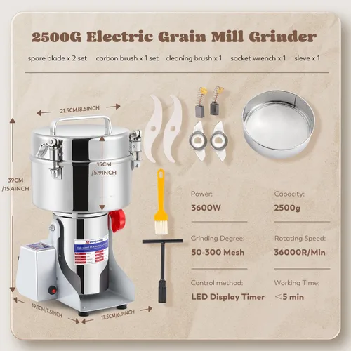 Miniatura 7 de Moongiantgo Molino de grano digital LED de 88.18 oz, molinillo eléctrico de especias – Pulverizador de acero inoxidable de alta velocidad