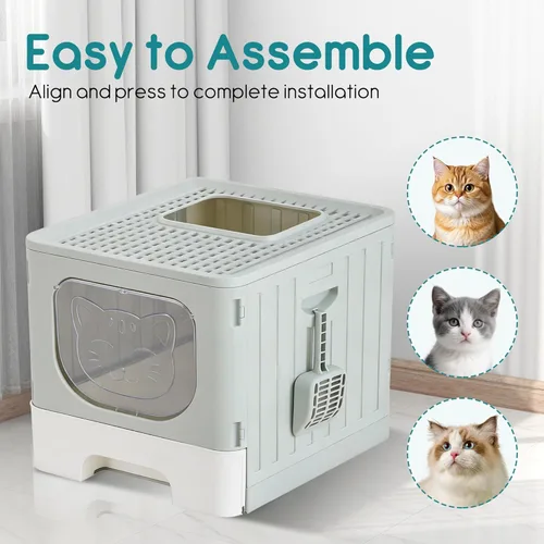 Miniatura 6 de OLIXIS Caja de arena para gatos con tapa, caja grande plegable para gatos con cuchara de arena, caja de arena para gatos con salida superior
