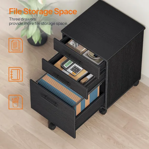 Miniatura 7 de HOOBRO Archivador de 3 cajones, archivador de madera debajo del escritorio, se adapta a tamaño A4/carta para oficina en casa, cajonera pequeña