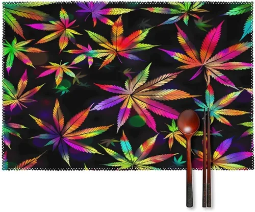 Colorful Rainbow Weed Leaves Plant Placemats Set of 6 Resistant Table Mats Washable Place Mats for Dinner Party Table Decoration