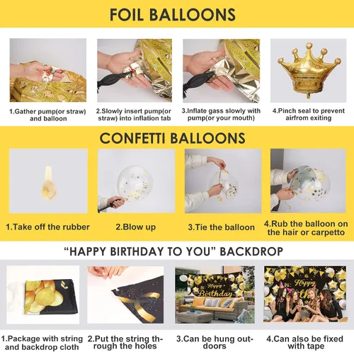 Miniatura 6 de Decoraciones de cumpleaños doradas y negras – Cartel feliz, guirnalda de arco de globos para hombres, mujeres, niñas, dulces 16, 21, 30, 40, 50