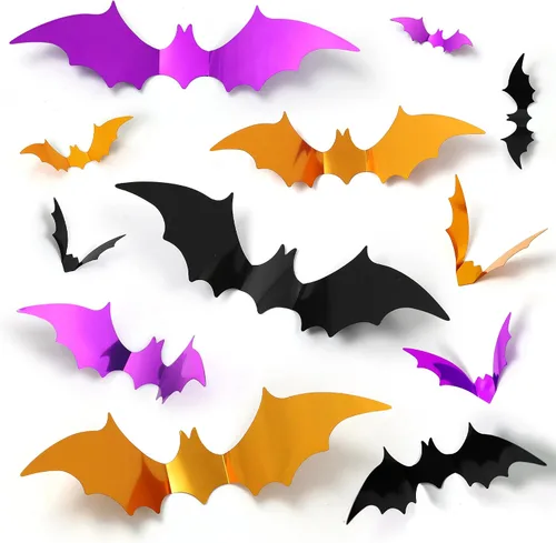 96 calcomanías de decoración de Halloween de murciélagos, decoración de pared de murciélagos 3D, 5 tamaños realistas, PVC, negro, naranja, morado,