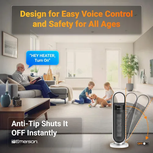 Miniatura 8 de Emerson SmartVoice - Calentador de espacio en torre de 23 pulgadas, control de voz sin conexión, calentamiento rápido de 1500 W, oscilación de 65°