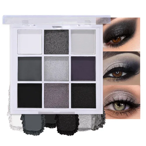 evpct Paleta de sombra de ojos con purpurina ahumada de 9 colores, negro, gris, blanco, plateado, azul, gris, metálico, brillante, brillante, paleta