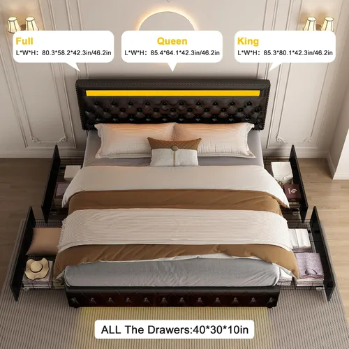 Miniatura 2 de GEGOFORU Marco de Cama LED King con 4 Cajones de Almacenamiento, con Control Inteligente de Luces LED RGBW en Cabecero y Piecero, Control