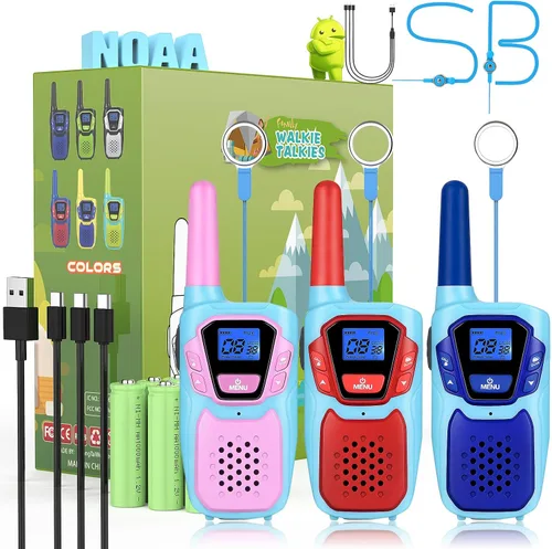 Miniatura 9 de Topsung Walkie Talkies para Niños Recargables Walkie Talkie para Adultos de Largo Alcance FRS Radio de 2 Vías Paquete de 3 con Cordón, Batería NOAA