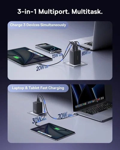 Miniatura 4 de Baseus Bloque de cargador USB C de 100W, cargador de pared compacto plegable PPS de 3 puertos, adaptador de corriente de carga rápida para MacBook