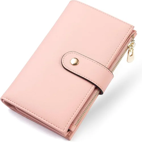 Miniatura 20 de yiijay Cartera para mujer con bloqueo RFID, de cuero vegano, triple pliegue, tarjetero para tarjetas de crédito, cartera de viaje con soporte
