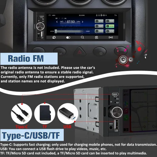 Miniatura 7 de Estéreo Universal Single Din para Automóvil con CarPlay Inalámbrico y Android Auto, Unidad Principal de Pantalla Táctil IPS de 6.36 Pulgadas