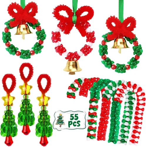 Manualidades Navideñas para Adultos y Niños, Kit de Adornos Navideños con Cuentas de 55 Piezas, Incluye 20 Piezas de Corona con Campana/5 Piezas de