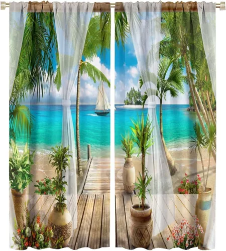 Miniatura 10 de Cortinas de paisaje, ventana tropical con vista al mar, océano, playa, barco, cortinas con estampado de palmeras para dormitorio, sala de estar, Mar