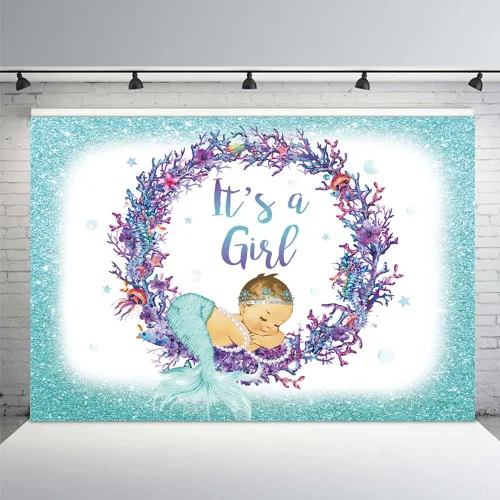 MEHOFOND Telón de fondo de sirena para baby shower, de 7 x 5 pies, color aguamarina, verde azulado, morado, fondo de fotografía bajo el mar,