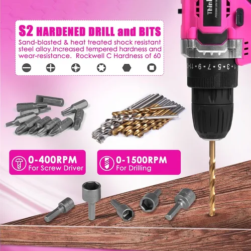 Miniatura 4 de ThinkLearn - Kit de herramientas con taladro inalámbrico de 20 V (265 lb-in), juego de taladro rosa para mujeres, kit de herramientas para el hogar
