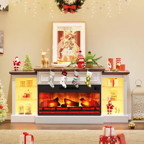 Miniatura 9 de AMERLIFE - Chimenea eléctrica de 60 pulgadas con repisa, soporte de TV de chimenea de tres lados estilo granja para televisores de hasta 65