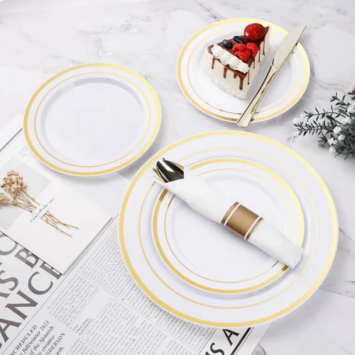 Miniatura 3 de BESTVIP Juego de vajilla de plástico dorado de 175 piezas, platos de fiesta desechables para 25 invitados, incluye: 50 platos de plástico, 25