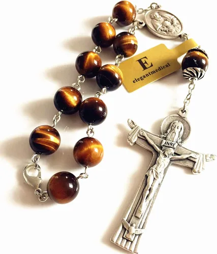 Miniatura 3 de elegantmedical 10MM Tiger Eye Beads Oración Católica una década rosario pulsera cruz Regalo y caja rosario coche, Plata de ley