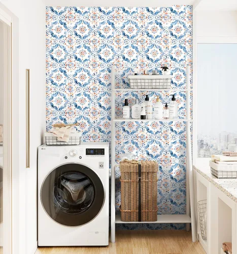 Miniatura 6 de HAOKHOME Papel tapiz geométrico para despegar y pegar, diseño de damasco floral azul/blanco/rojo, papel de pared extraíble, decoración moderna