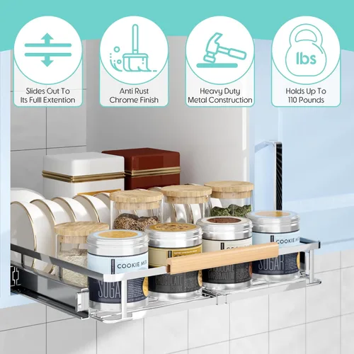 Miniatura 4 de Organizador de gabinete extraíble expandible, ancho ajustable: 17.1 ~ 28 pulgadas de ancho x 22.5 pulgadas de profundidad, organizador para debajo