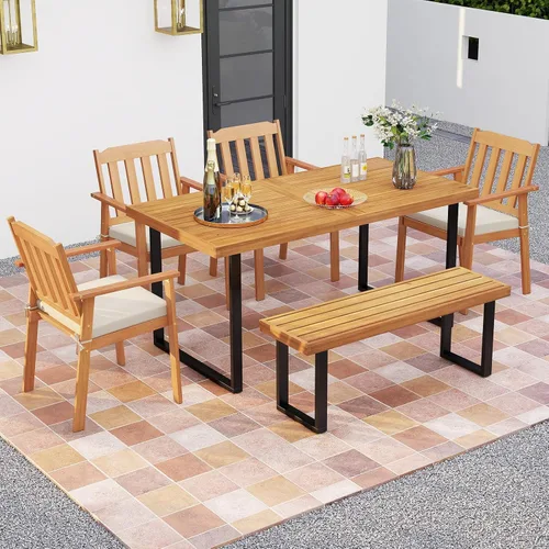 Miniatura 4 de Tangkula Juego de 2 sillas de patio de madera de acacia, sillones de comedor al aire libre con cojín suave y respaldo de listones, sillas de bistró