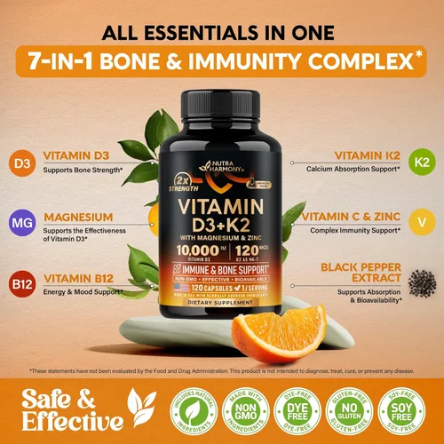 Miniatura 5 de Vitamina D3 K2 – Vitamina D3 10000 iu y K2 como MK-7 120 mcg – Apoyo inmunológico y del estado de ánimo, para la salud de huesos y dientes