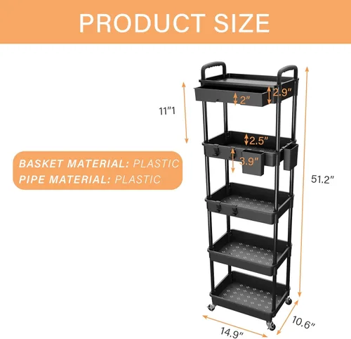 Miniatura 5 de Carrito rodante de 3 niveles con cajón, carrito de servicio REBECAT hecho de organizador de almacenamiento multifuncional para cocina, baño, sala