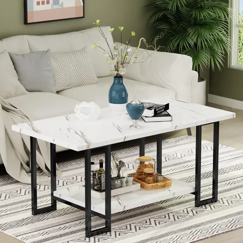 Miniatura 8 de AWQM Mesa de Centro de Mármol, Mesa de Centro Rectangular con Superficie de Mármol Sintético con Marco de Metal Dorado, Mesa de Sala de 2 Niveles