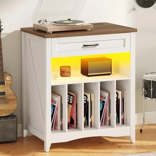 RALGEND Soporte grande para tocadiscos con estación de carga, armario de almacenamiento de discos de vinilo con cajón y LED, mesa giratoria para