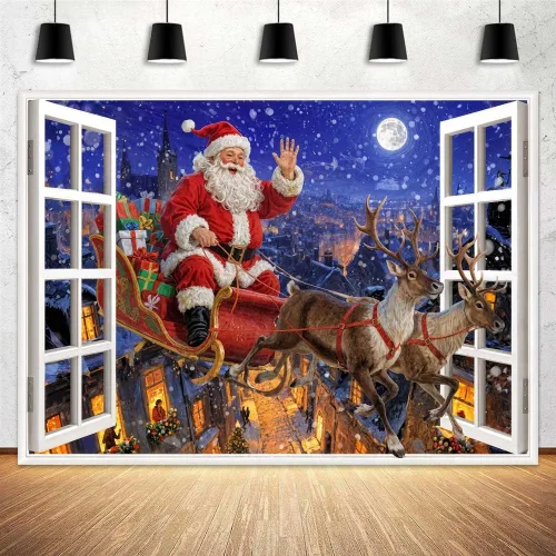 Fondo de Navidad, trineo de Papá Noel, fondo de reno, luna llena, noche de invierno, pintura vintage, decoraciones de fiesta temática de Navidad,