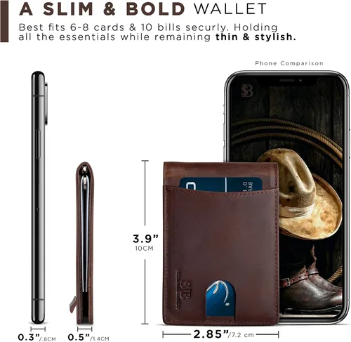 Miniatura 6 de SERMAN BRANDS - Billetera sencilla de cuero genuino con bloqueo RFID para hombre, billetera delgada con bolsillo frontal y clip para dinero
