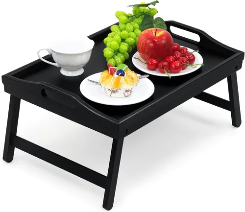 Miniatura 6 de Paquete de 2 bandejas de cama para mesa de desayuno, bandejas de servir, bandeja de bambú para cama portátil con patas plegables, asas y soportes