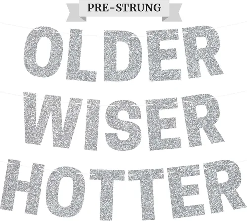 Miniatura 10 de Cartel preencordado de Older Wiser Hotter - No DIY - Cartel negro para fiesta de feliz cumpleaños con purpurina - Guirnalda preencordada en hebras