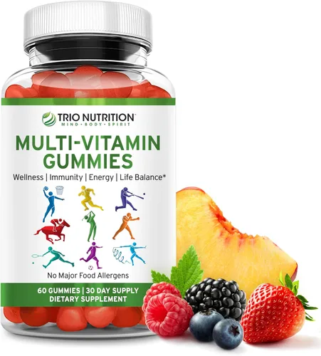 TRIO NUTRITION Gomitas multivitamínicas diarias para hombres y mujeres, sabor a fruta natural con vitaminas esenciales A, B, C, D, E y zinc, sin